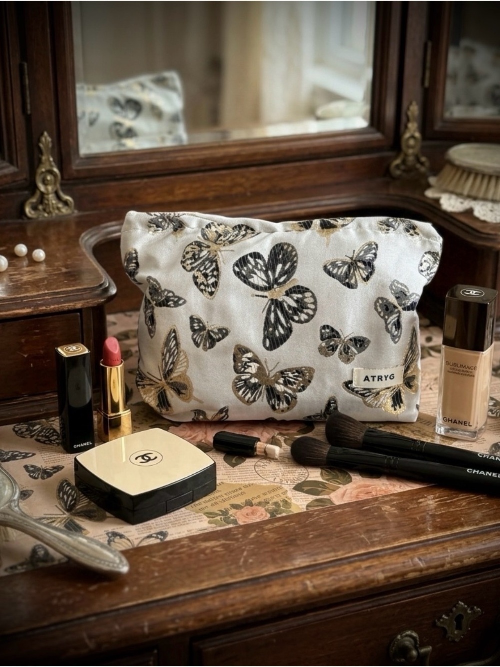 Butterfly Print Cosmetic Pouch - Gray & Gold